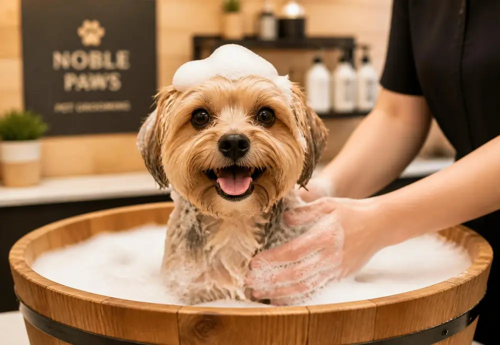 Cachorro feliz sendo banhado na Love Pet Campinas